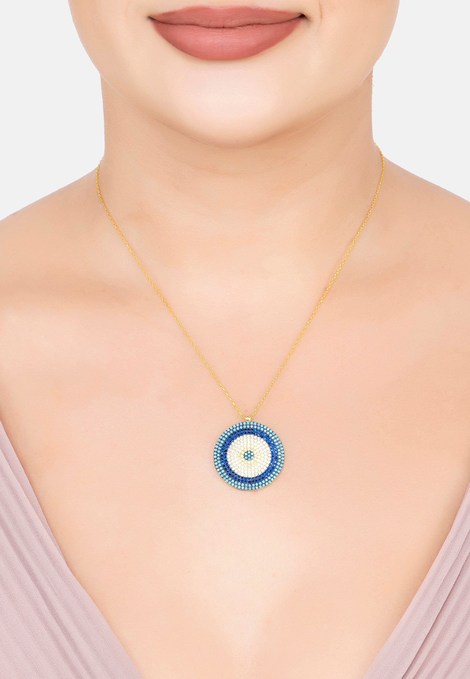 Evil Eye Pendant Necklace Large Blue Gold