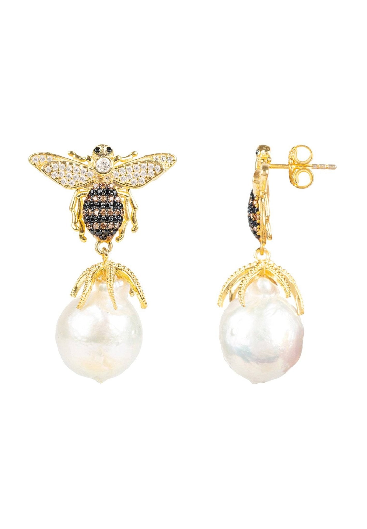 Baroque Pearl Honey Bee Drop Earrings Gold - LATELITA Earrings